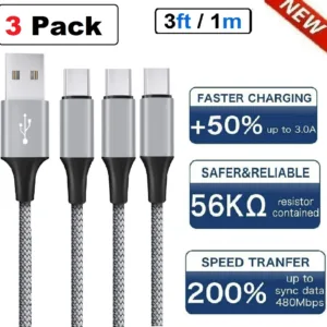 3-Pack Braided USB C Type-C Fast Charging Data SYNC Charger Cable Cord 3/6/10FT