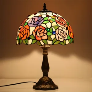 Rose Flower Style Tiffany Table Lamp Stained Glass Desk Light for Home Decor 18"