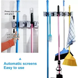 Broom Holder and Garden Tool Garage Organizer 5 Slots 6 Hooks for Rake Mop Wall