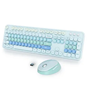 Blue Retro Typewriter Keyboard and Mouse Wireless 2.4GHz Office Full-Sized Co...