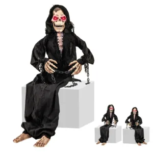 5 FT Animated Halloween Sitting Reaper Life Size Prop w/ Red Light-up Eyes