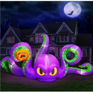 12Ft Halloween Inflatables Giant Octopus Purple Sticky Pumpkin LED Light Blow up