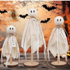 Wooden Ghost Halloween Decorations Indoor– Set of 3 Sizes Rustic Shelf Sitters