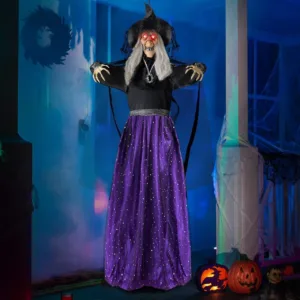 47'' Animated Witch Halloween Decor with Sound & LED Eyes, Indoor/Outdoor Animat