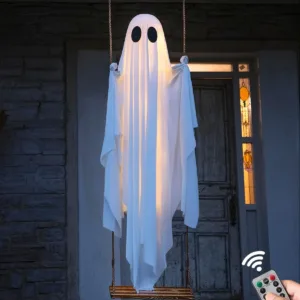5FT Hanging Swing Ghost Halloween Decor with String Lights, Outdoor Porch & Yard