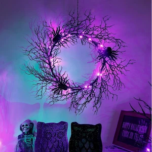 24'' Halloween Spider Wreath with Purple LED Lights, Front Door Decoration