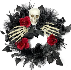 Halloween Skull Wreath with Hands, Red & Black Roses – 16'' Gothic Front Door Dé