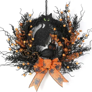 Artificial Black & Orange Halloween Wreath with Cat, Owl & Rose Ornaments 22''