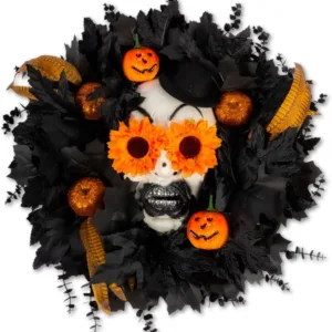 Black Maple Leaf Halloween Wreath with Pumpkin & Feathers 20’’ – Indoor/Outdoor