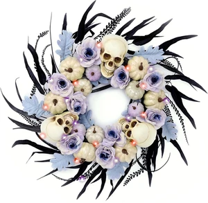 Gothic Halloween Door Wreath with Skulls, Roses & Pumpkin Lights 20 Inch