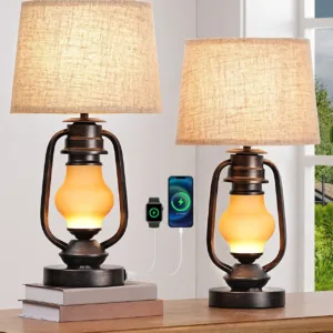 EDISHINE 2 Packs Farmhouse Table Lamp, Bedside Lamp with 3W 2700K LED Lantern