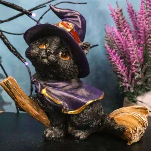 Halloween Black Cat with Witch Hat and Cape Riding Magical Broomstick Figurine