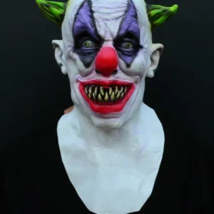 Halloween Creepy Evil Scary Clown Mask Helmet Latex Green Horned Clown Cosplay